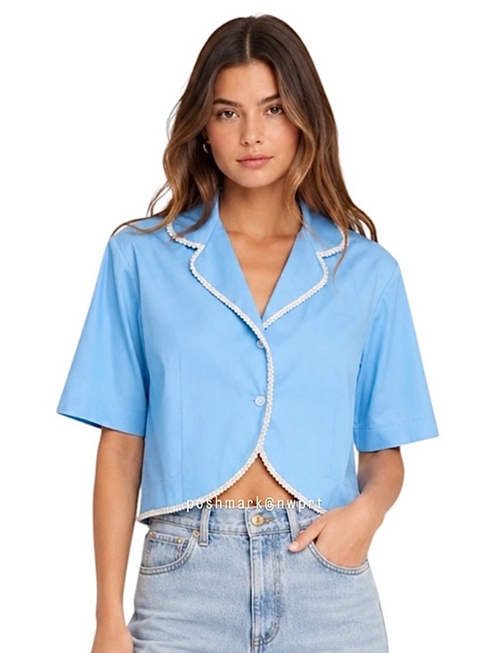 Sandro Tops - NWT 💯 SANDRO Paris Pearl Rhinestone Beaded Cotton Blouse Top Shirt Blue 34 0 XS